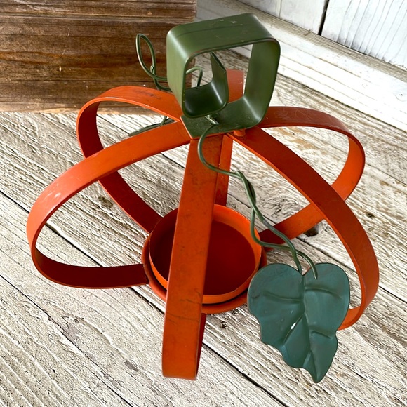 Fall Pumpkin Candle Tea Light Holder Cage - Rustic Farmhouse Bent Metal - Picture 1 of 6